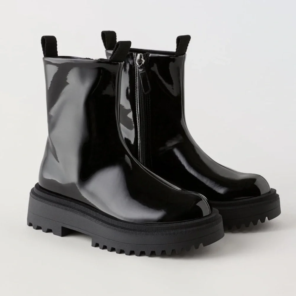 Zara Kids Black Patent Leather Ankle Boots